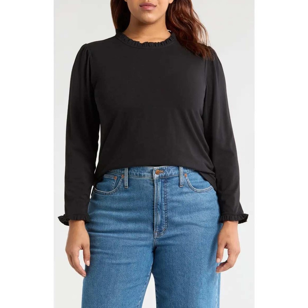 Caslon Ruffle Detail Knit Top Black‎ 1X New With Tags